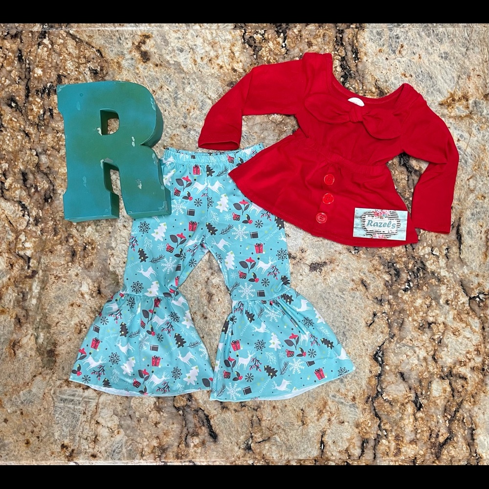 Christmas Deer Bell Bottom Outfit, Red & Turquoise
